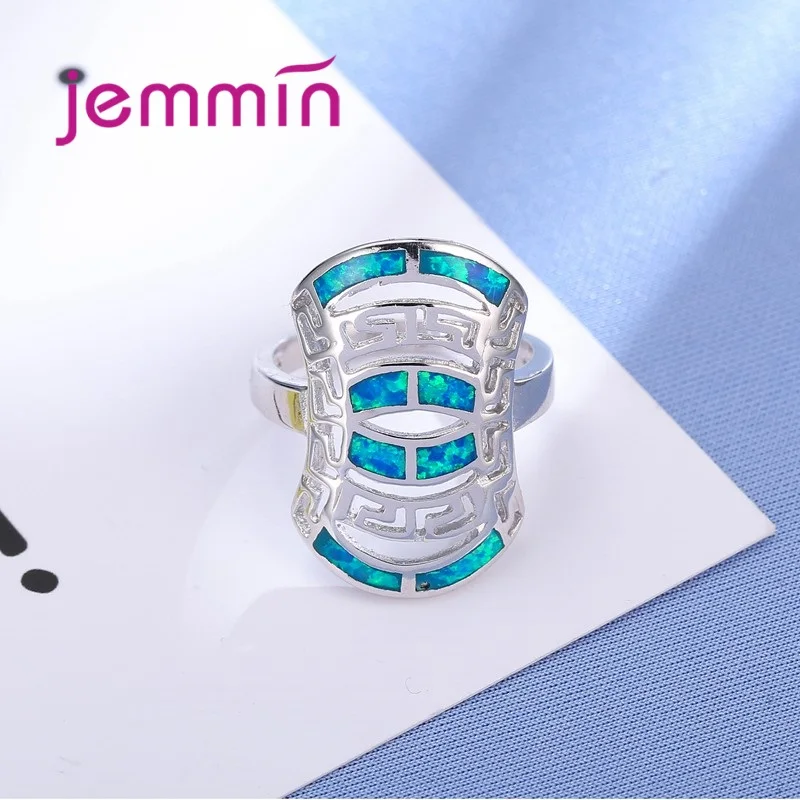 925 Sterling Silver Blue Opal Rings Fine Jewelry Hollow Ring For Women &amp Men Vintage Elegant Style. |