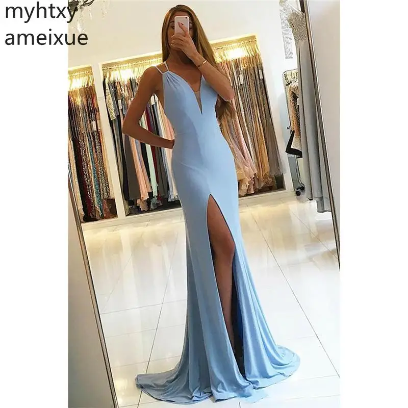 Сексуальные синие детские Вечерние платья на бретелях спагетти с разрезом сбоку