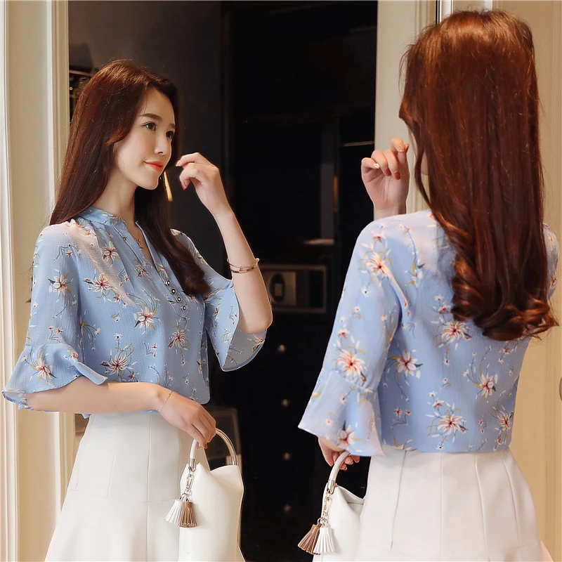 Новый 2019 Летние цветочные шифон v образным вырезом Блузки с рукавом бабочкой