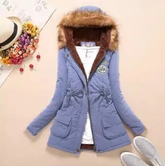 light blue Новое зимнее женское теплое пальто с капюшоном и меховым воротником - Цвет: light blue