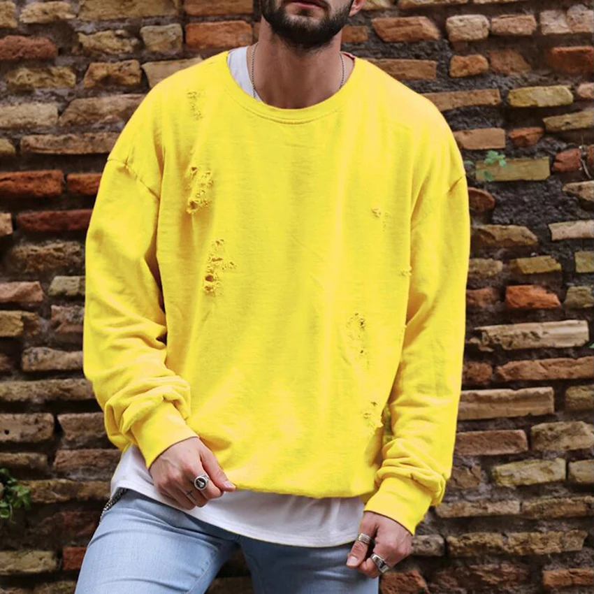 Свитшот мужской однотонный с дырками пуловер уличная одежда модная повседневная