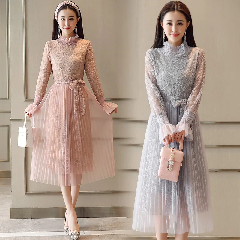 Женское кружевное платье с длинным рукавом весеннее модное длинное вечернее для