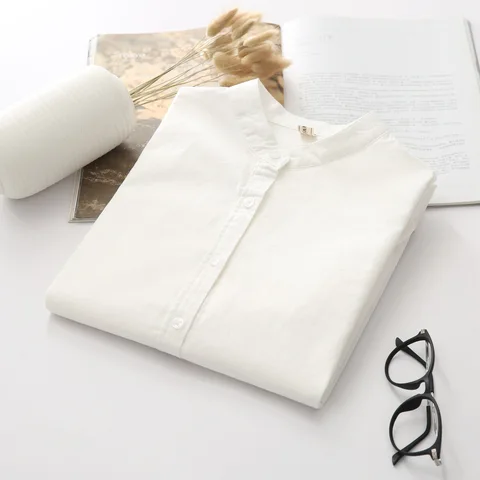 EYM 2024 Абсолютно Новое поступление Женская рубашка Повседневная хлопковая однотонная белая блузка с воротником-стойкой с длинным рукавом Женские топы в простом стиле