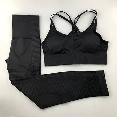 Black 2 шт./компл. Бесшовные Йога Комплект Для женщин Фитнес Костюмы Спортивная одежда для спортивного зала, леггинсы+ мягкий пуш-ап полый спортивный бюстгальтер спортивный костюм - Цвет: Black