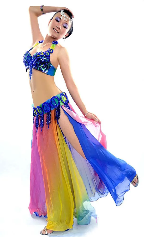 Профессиональный индийский костюм для танца живота 3 предмета бюстгальтеры пояс