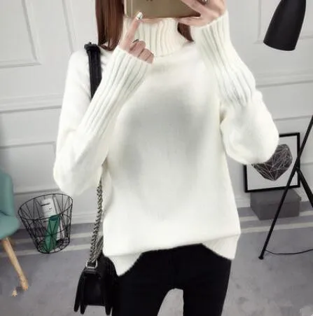 Fall and Winter 2019 New Loose High-necked Sweater Woman Korean Edition Long-sleeved Bottom Knitted Plushing Thicken | Женская одежда