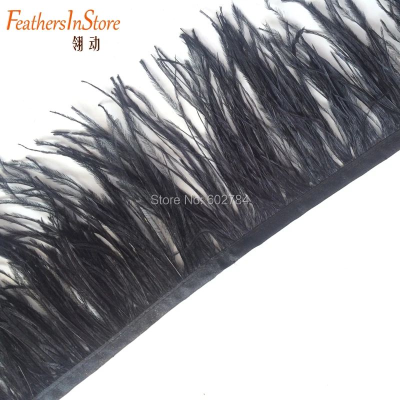 

10meters/Lot Black Height 5-6" Natural Ostrich Feather fringe Ostrich feather Trimming on Satin Header garment accessories
