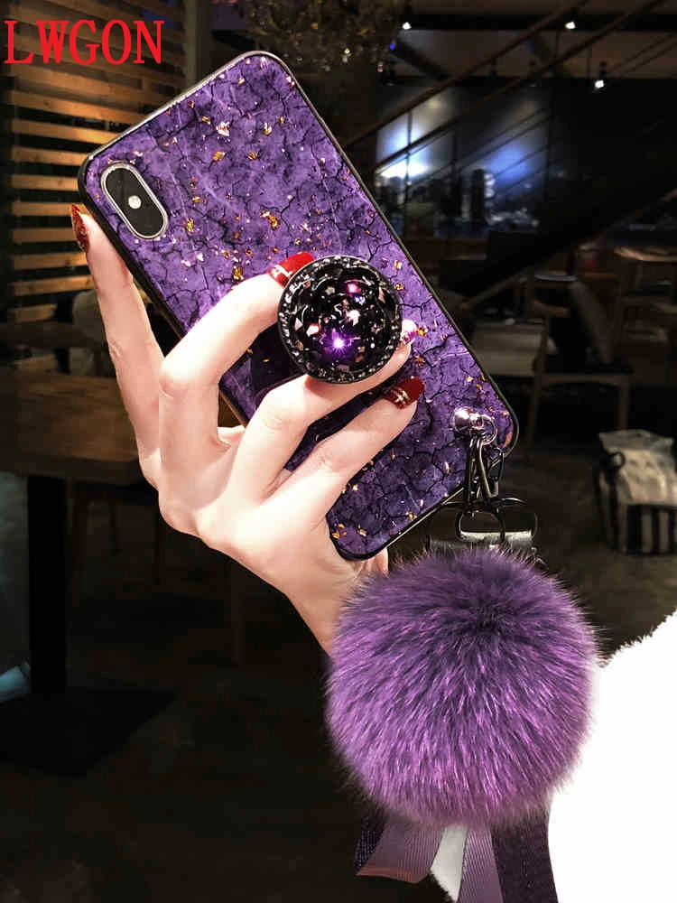 Luxury Diamond Gold foil Marble Glitter silicon case for iPhone 6 6S 7 8 Plus X XR XS Max With stand and Fox hair ball lanyard |