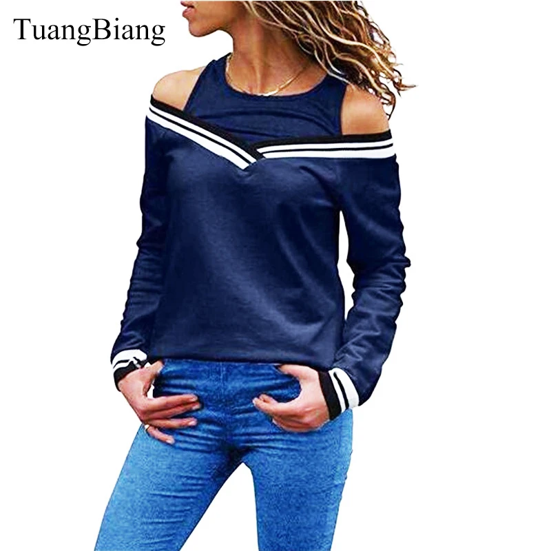 2019 Женские Весенние футболки с длинным рукавом и открытыми плечами хлопковые