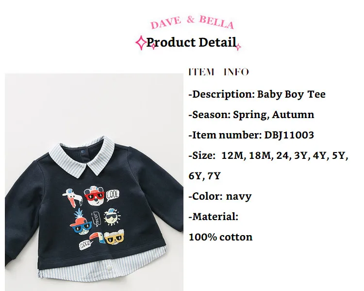 DBJ11003 dave bella autumn baby boys print pullover children long sleeve t-shirt infant toddler high quality tops cotton tees