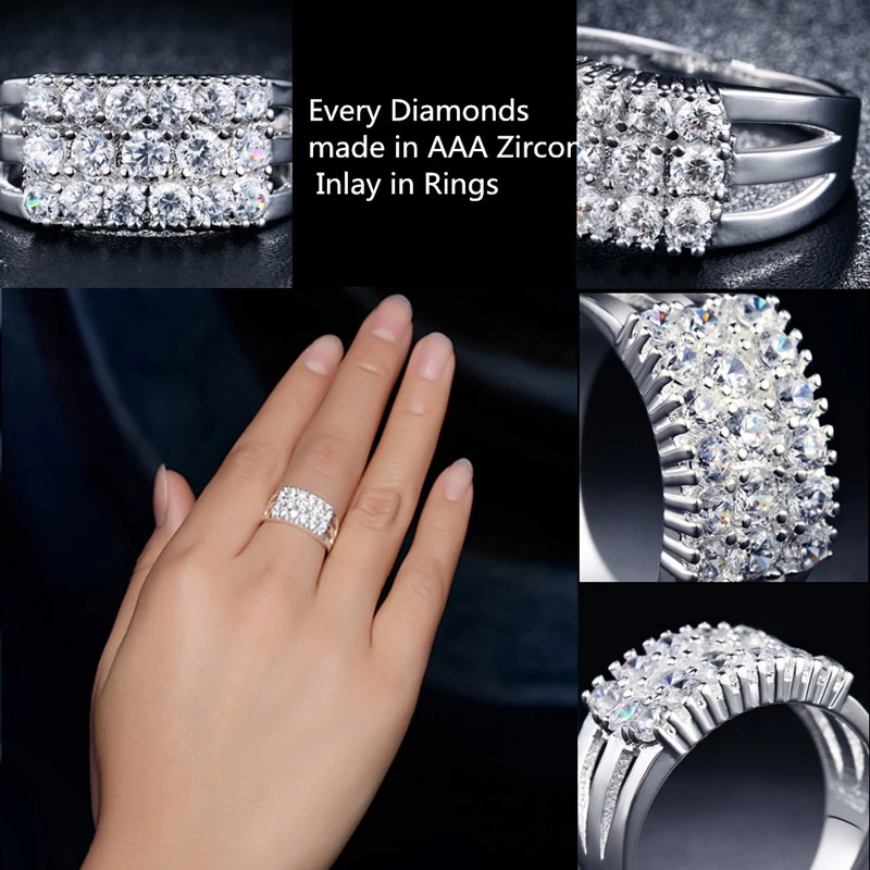 Hot 3 Rows Full Clear CZ Crystal Rings 925 Sterling Silver Wedding Engagement For Woman Fashion Bridal Bague Anillos | Украшения и