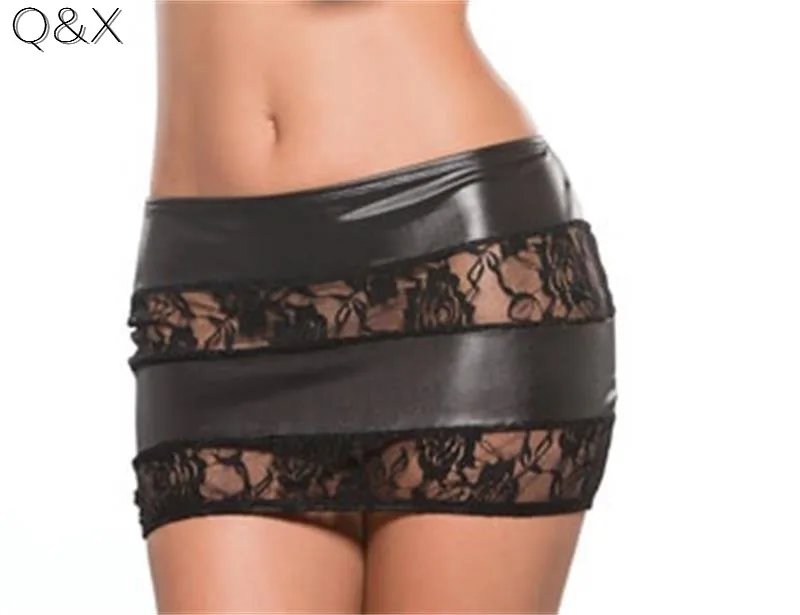 XX54 2017 Black Faux Leather Lace Elatic Skirt Women Sexy Latex Sexy Mini Skirt lace up latex mini skirt