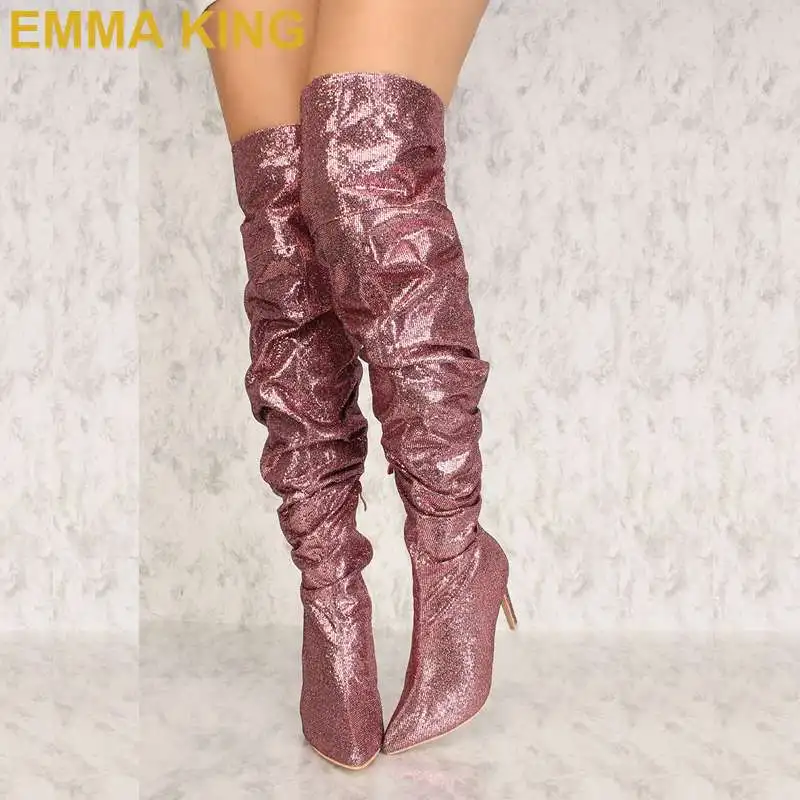 Модные женские блестящие сапоги до бедра с золотым блеском пикантные ботфорты на