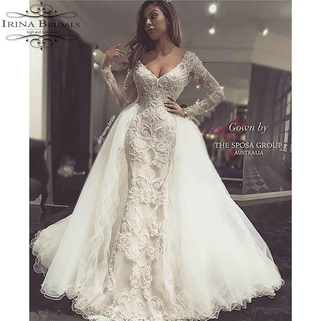 Vestidos de noiva de luxo длинный рукав Русалка Кружева Аппликация кораллы Съемный Поезд свадебное платье