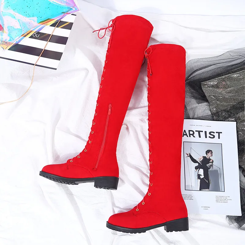 MORAZORA/ Новое поступление; Черные Сапоги выше колена; женские модные высокие сапоги из флока на молнии со шнуровкой; нескользящая осенне-зимняя обувь