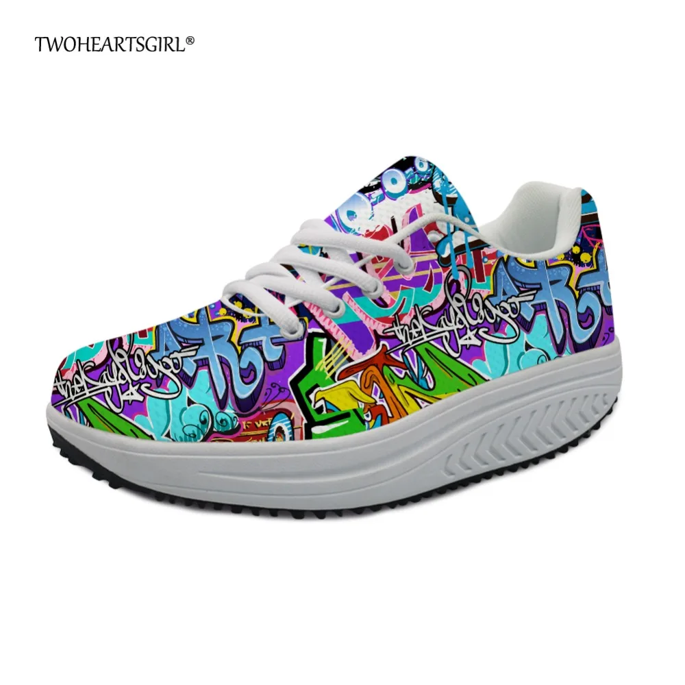 

Twoheartsgirl Graffiti Colorful Wedge Swing Shoes Women Casual Breathable Slimming Shoes Classic Custom Platform Shoes Sneakers