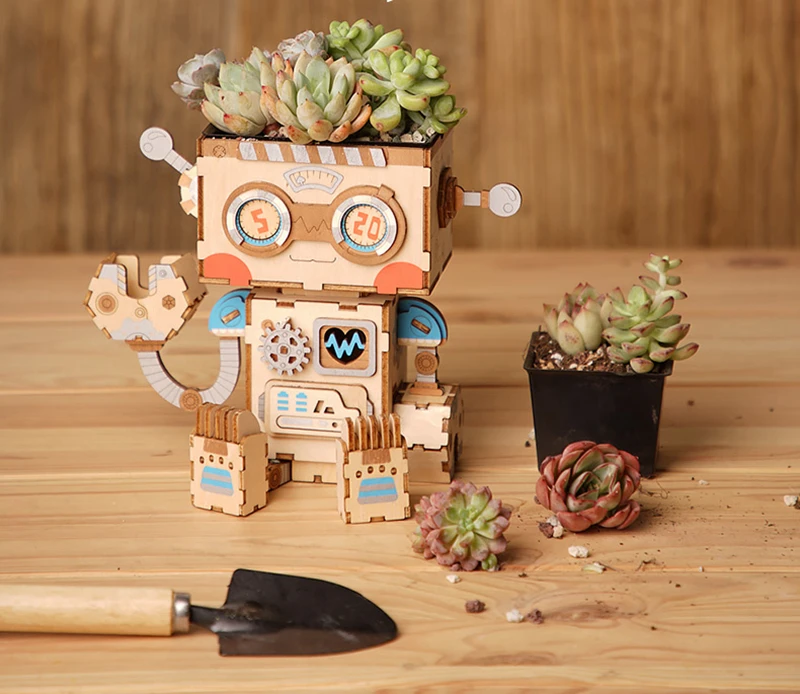 Robotime 3D Деревянный робот игра-головоломка Творческий цветочный горшок коробка