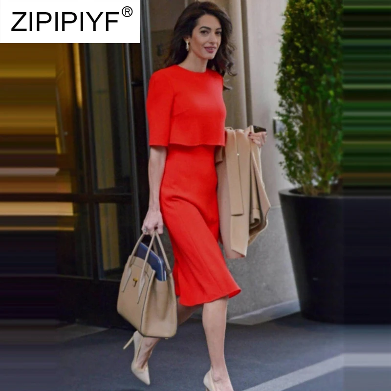 2019 Офисная Женская одежда однотонное Красное Платье облегающее ТРАПЕЦИЕВИДНОЕ