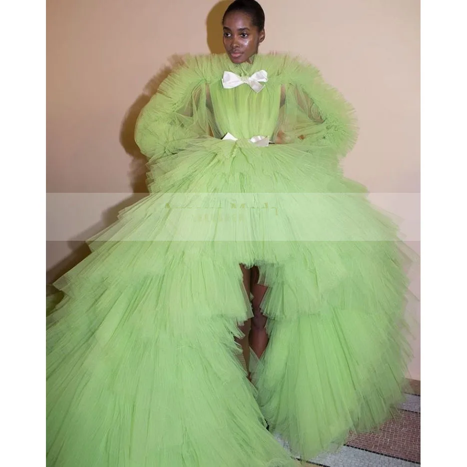 picture color Vestido Longo Зеленые Вечерние платья бантик халат с рукавами De Soiree вечерние многоярусные платья Роскошные с коротким шлейфом abiye - Цвет: picture color