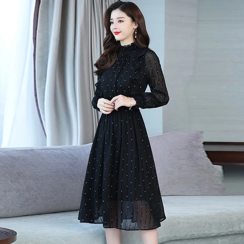 Женское плиссированное платье длинное шифоновое с длинным рукавом и