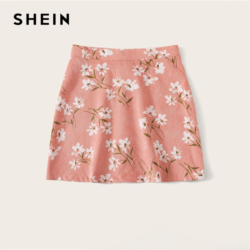 SHEIN юбка с цветочным принтом и пуговицами спереди, Boho, трапециевидная Осенняя Бархатная мини-юбка средней посадки, розовая женская простая короткая юбка