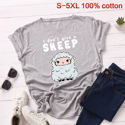 SINGRAIN, S-5XL размера плюс, футболка, милая, с принтом овечки, футболка, хлопок, с надписью, женские топы, свободные, повседневные, с рисунком животных, футболка - Цвет: light gray