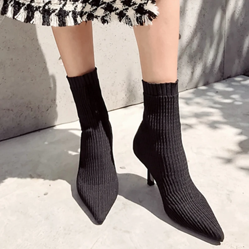 MONMOIRA стрейч Вязание высокий каблук носок сапоги Для женщин пикантные острый