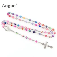 6mm polymer clay bead rosary long necklace alloy cross virgin christian catholic jewelry catholicism prayer religious