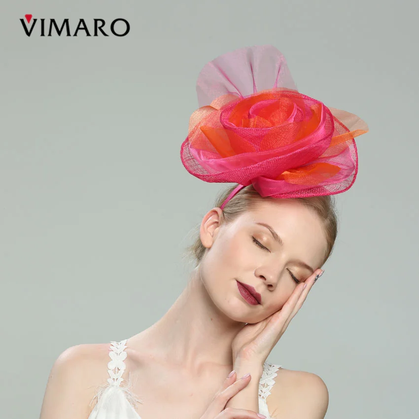 VIMARO Fuchsia And Orange Sinamay Wedding Fascinator Party Hair Accessories For Women Jewelry Hairbands Headpiece Church | Украшения и