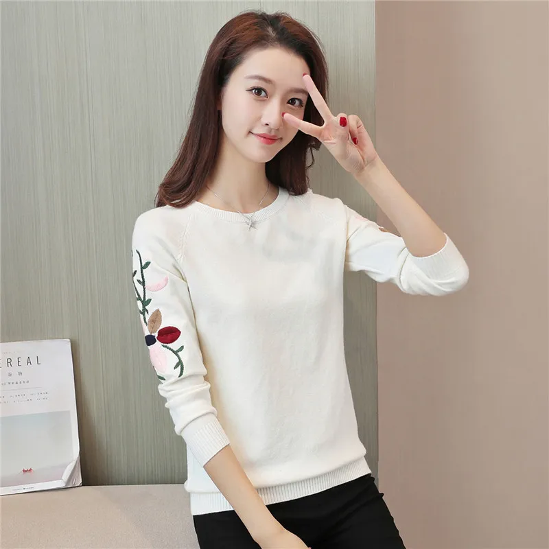 New Fashion 2019 Women Autumn Spring Embroidery Flower Sweater Pullovers Casual Warm Female Knitted Sweaters Pullover Lady | Женская