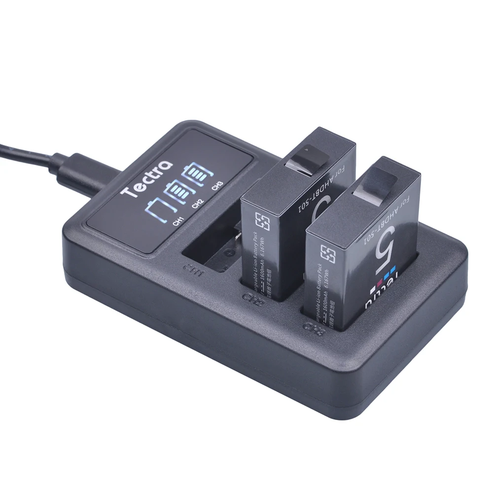 2 шт. аккумулятор 1600 мАч для Gopro + LED дисплей порт Type C 3 слота USB зарядное устройство