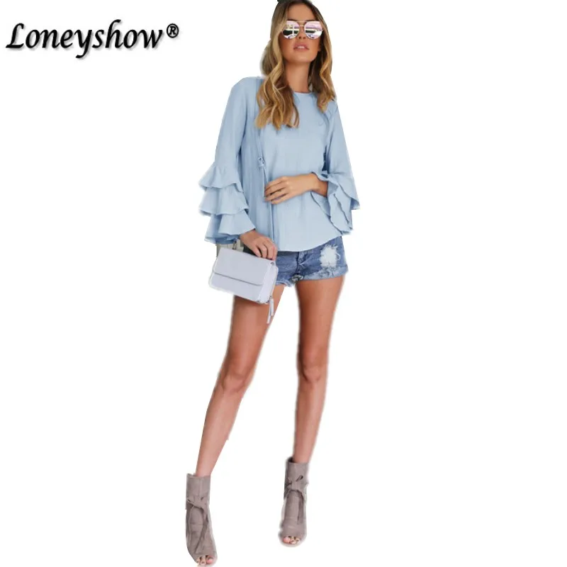 2017 Мода Оборками Блузки Женщины Весна Осень Новый Повседневная Синий Офис Леди