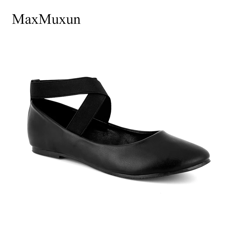 Балетки MaxMuxun женские с ремешком на щиколотке черные мягкие туфли плоской подошве