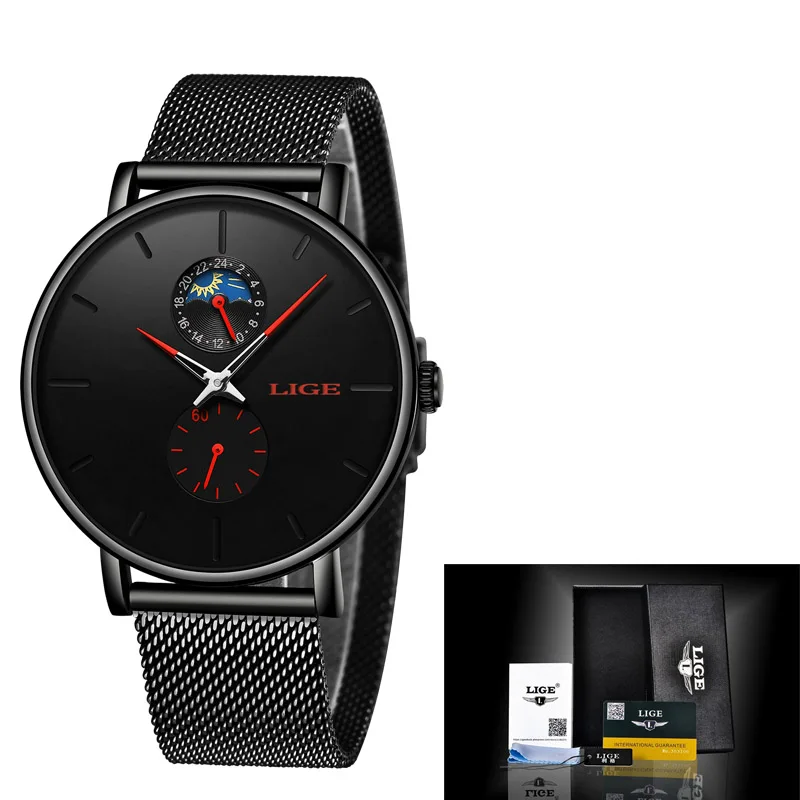 All black red Reloje LIGE, новинка, мужские часы, Модный Топ бренд, роскошные спортивные ультра-тонкие сетчатые кварцевые часы, мужские повседневные водонепроницаемые часы с датой - Цвет: All black red