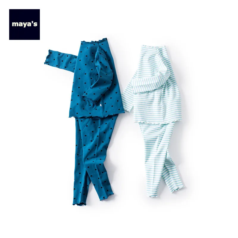 Mayas/Модная хлопковая мягкая Осенняя пижама для девочек Полосатая Зимняя Детская одежда для дома с оборками и длинными рукавами Детская базовая одежда в горошек 81237 г
