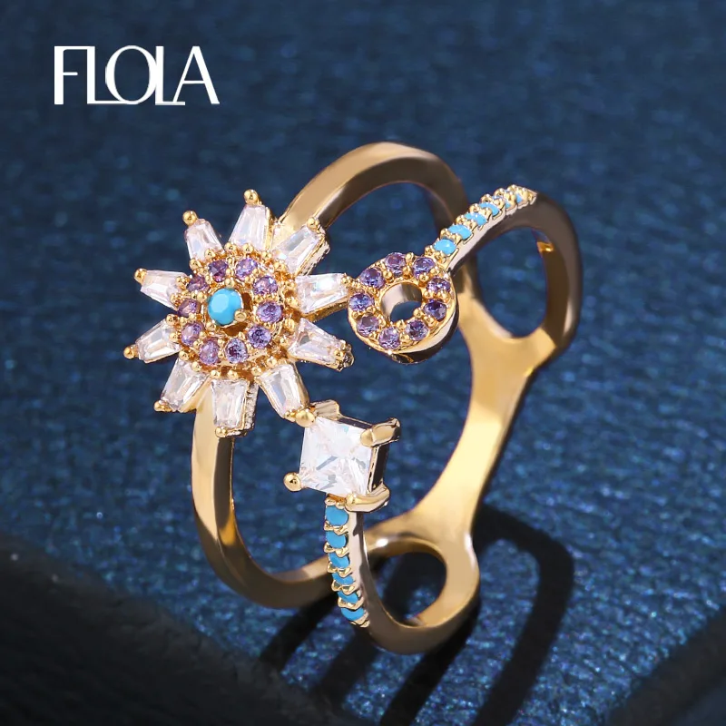 Простое корейское кольцо с фианитом FLOLA 2018 2 круга полуоткрытое цветком и камнями