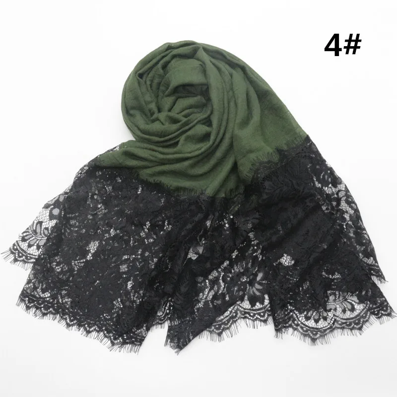 4 army green Красивый двухсторонний цветочный черный кружевной хлопковый однотонный шарф-хиджаб кашне, шаль-шарфы вечерние, свадебные мусульманские хиджабы Шарф 15 цветов - Цвет: 4 army green