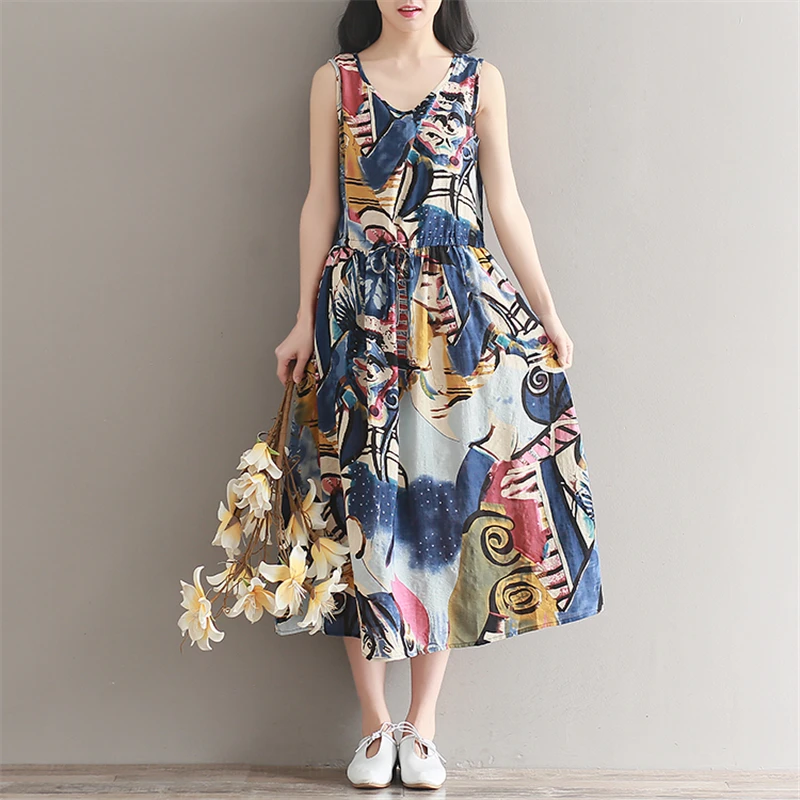 2019 новые летние женские платья из хлопка и льна богемное Свободное платье с