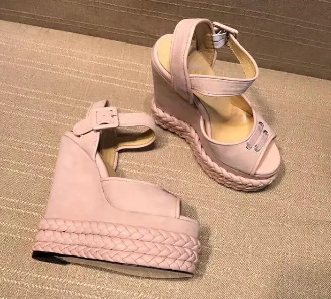 pink suede Carpaton/пикантные женские Босоножки с открытым носком; розовые замшевые туфли на платформе; Туфли на танкетке; кожаные туфли с оплеткой и застежкой на ремешке; вечерние модельные туфли черного цвета - Цвет: pink suede