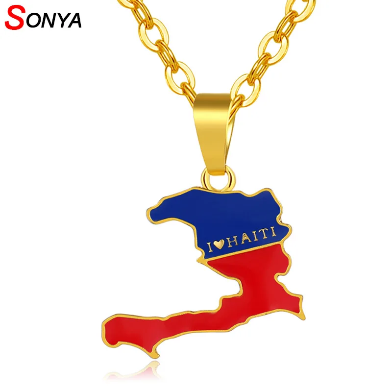 SONYA I LOVE HAITI Карта Флаг Ожерелье Подвески для женщин/мужчин Ayiti золотой цвет