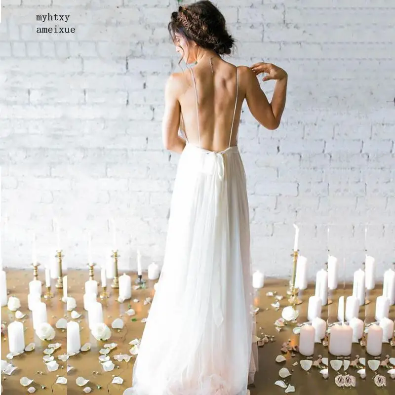 Simple Boho Cheap Wedding Dress Beach 2020 Robe De Mariee Plunging Sexy Spaghetti Straps Bridal Chiffon Dresses | Свадьбы и