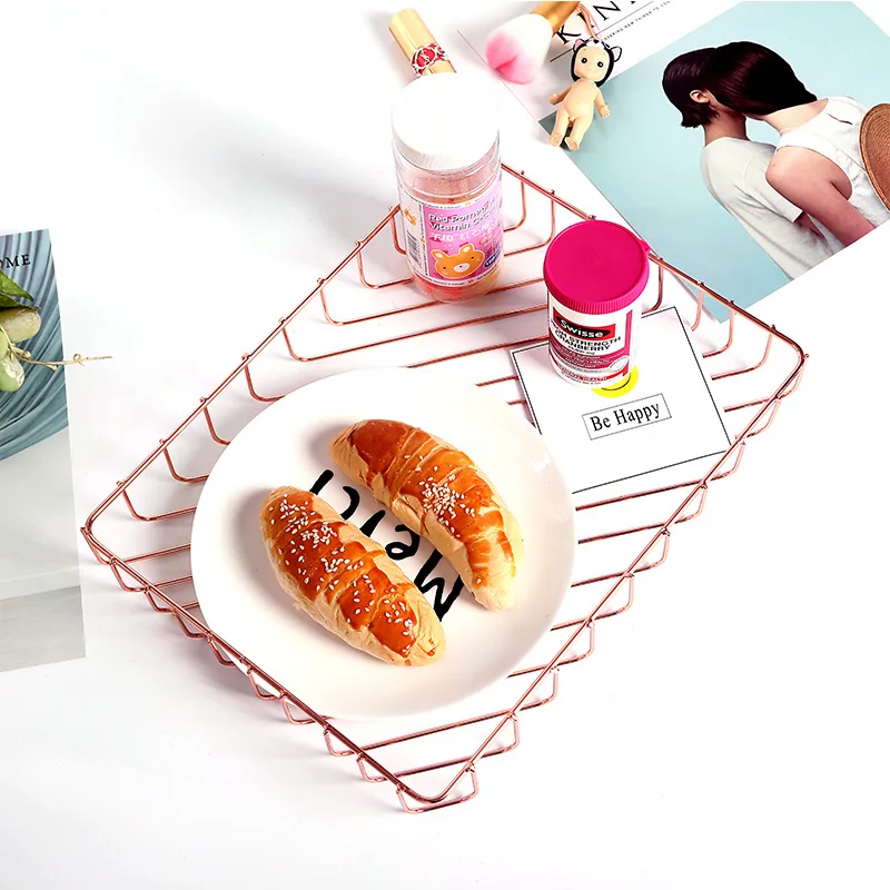 

Storage Basket Cosmetic Organizer Rose Gold Metal Wire Bread Fruit Basket Collection Baskets Bathroom Shelves Storage Basket