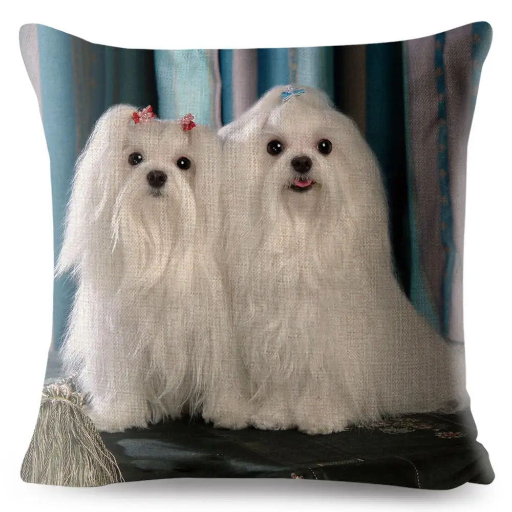 Cute Animal Pet Maltese Dog Pillow Cover Linen Cushion Covers 45*45cm Square Pillow Case Sofa Car Home Decoration Pillowcase