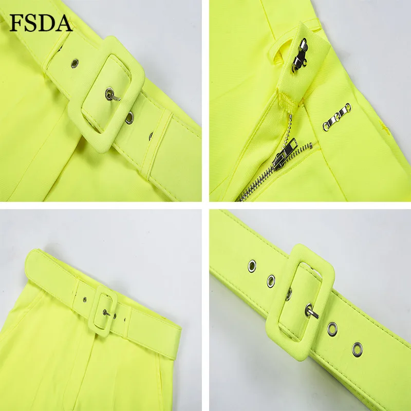 FSDA Neon Suit Set Terno Women Two Piece Set Office V Neck Blazer And Long Pant With Sashes Elegant Long Sleeve Top Spring