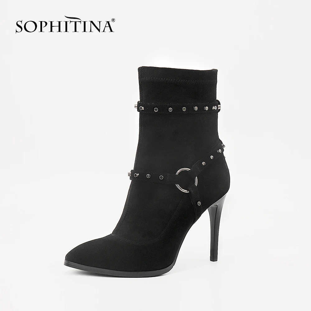 SOPHITINA/ г.; пикантные туфли с острым носком и заклепками на очень высоком тонком каблуке с круглым носком; Качественная детская замшевая обувь ручной работы с коротким плюшем; PL4