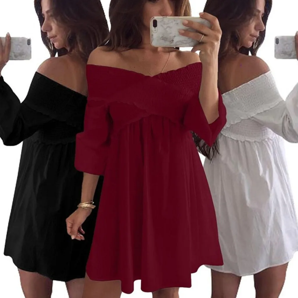 Женское сексуальное однотонное мини платье с открытыми плечами модное
