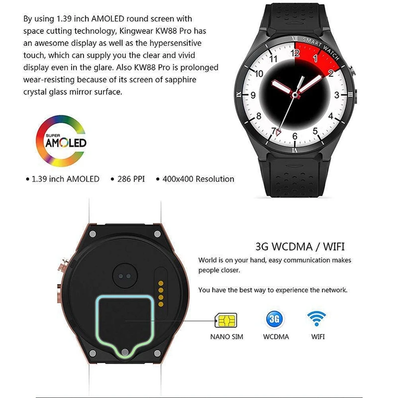 Смарт-часы kingwear Kw88 Pro 3g Android 7,0 1. 3g Гц четырехъядерный 16 Гб Wifi Gps 2Mp камера монитор сердечного ритма 3g Смарт-часы Mobil