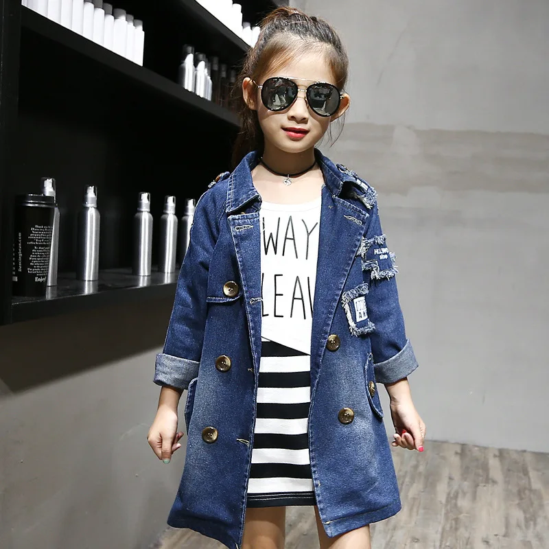 2018 New Fashion Girls Denim Jackets Double-Breasted Coats Kids Trench Coat Girl Long Style Autumn Children Outerwear |