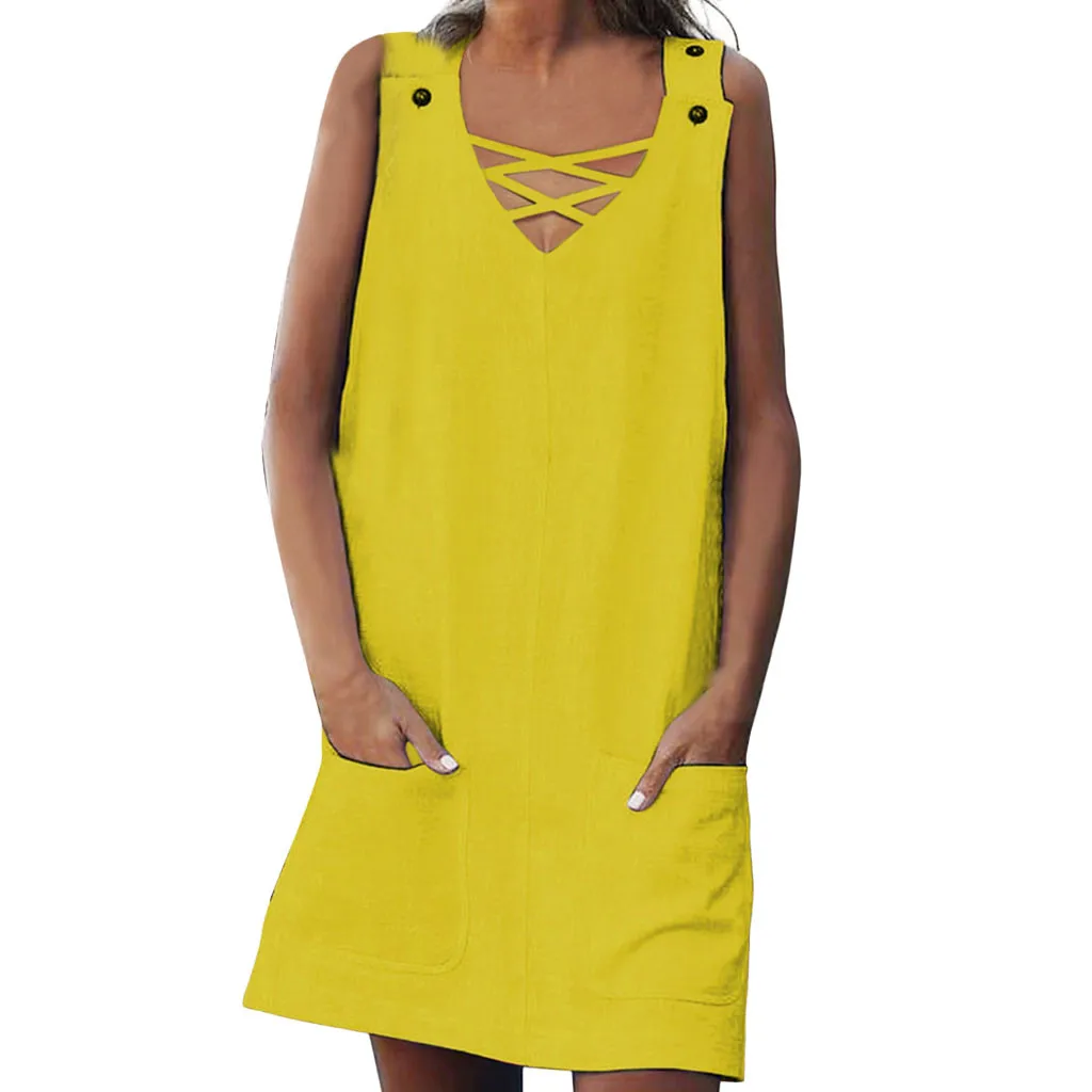 Женское однотонное пляжное платье без рукавов желтое Повседневное макси лето
