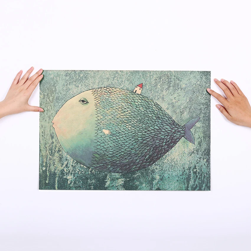 1 шт. винтажный маленький домик с большой рыбой мультяшная иллюстрация постер из